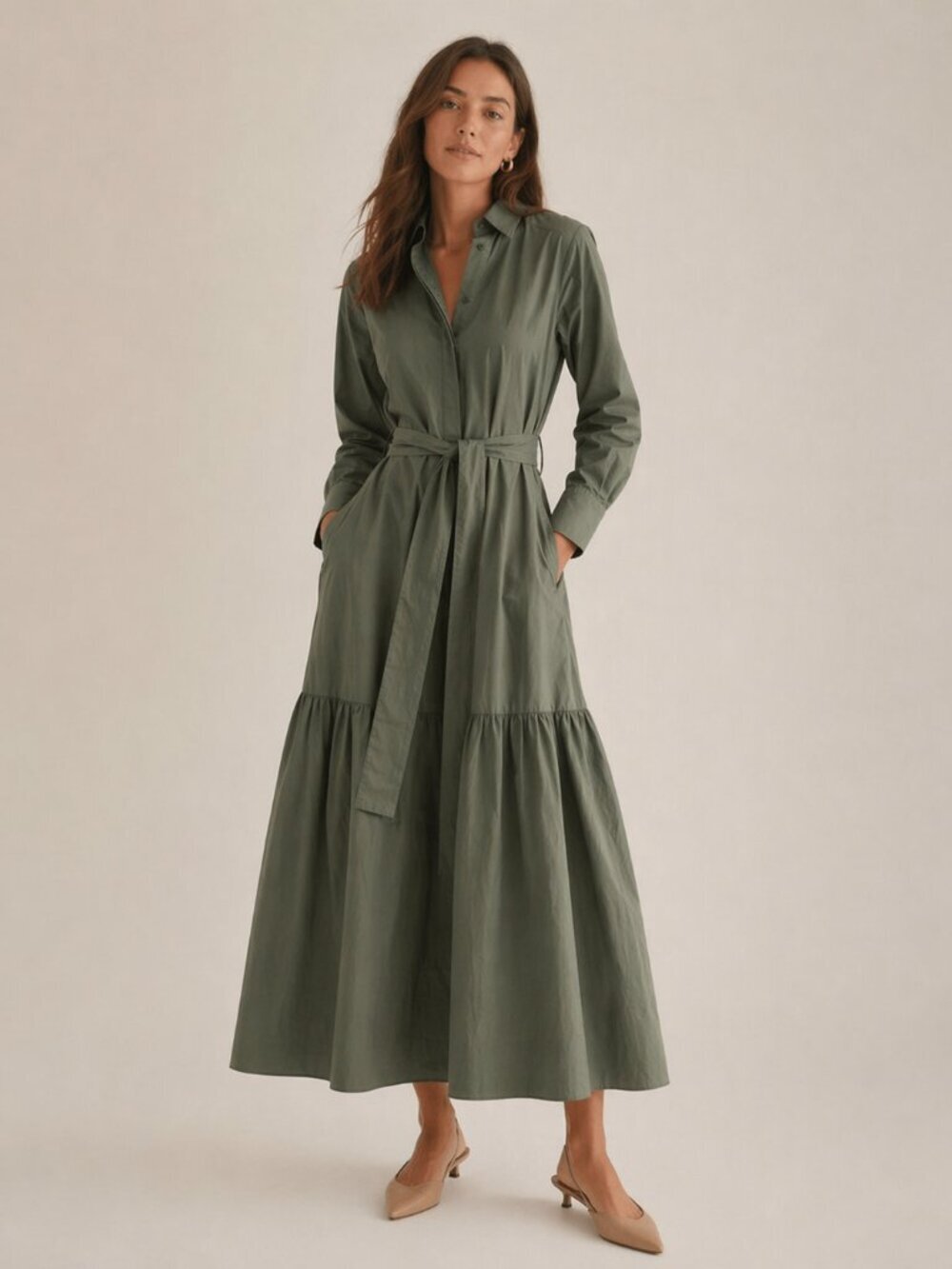 Brunello Cucinelli Cotton Poplin Maxi Shirt Dress NWT Forest Green Size Small
